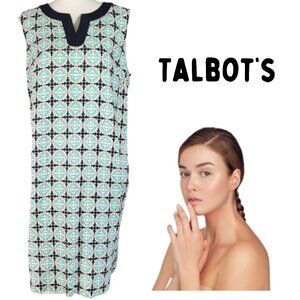 TALBOTS Navy Blue Aqua & White Sleeveless Floral Linen Cotton Dress - Women's 14